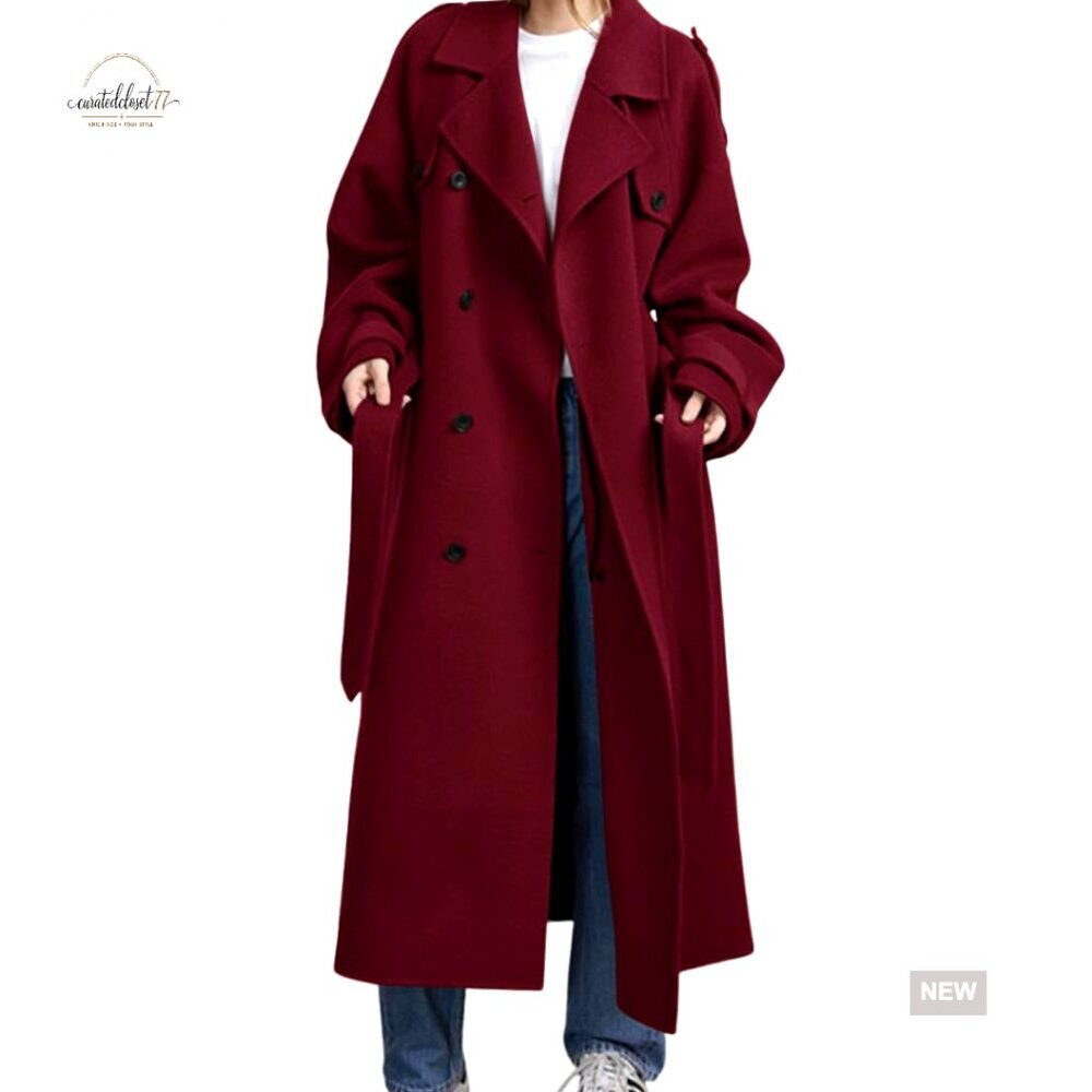 Women's Wool Blend Pea Coat Double Breasted Notch Lapel Midi Length